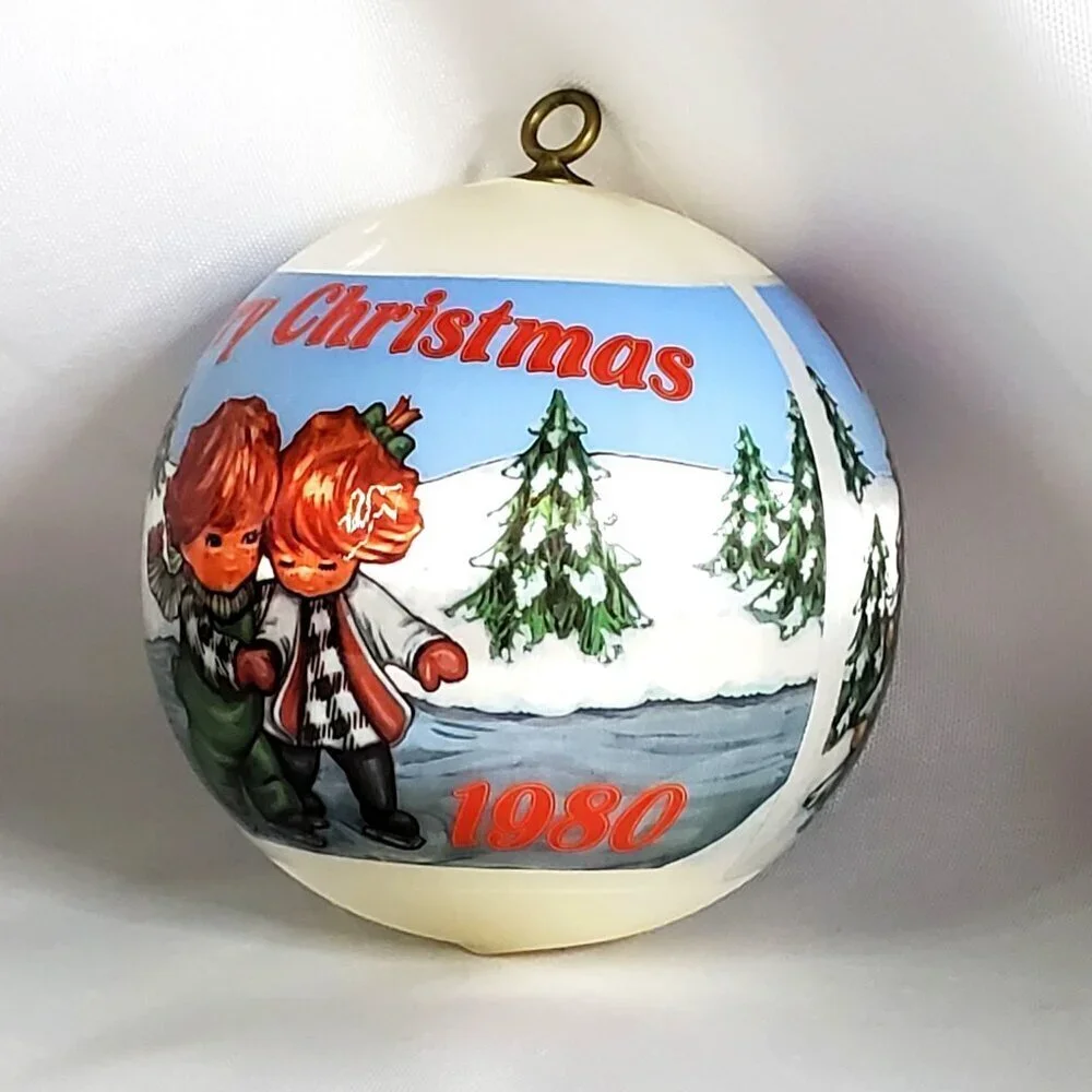 VTG Hummelwerk 1980 Redhead Skaters Satin Christmas Ornament